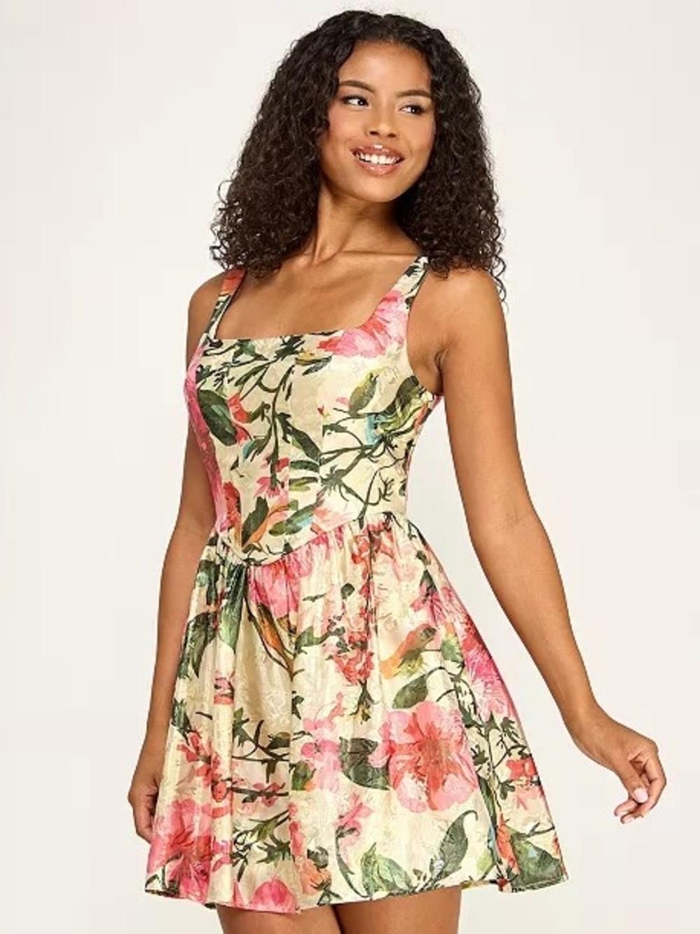 Square Neck Floral Mini Dress in Cream and Pink